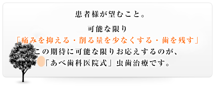 患者様が望むこと。可能な限り「痛みを抑える・削る量を少なくする・歯を残す」・・・。この期待に可能な限りお応えするのが、「あべ歯科医院式」虫歯治療です