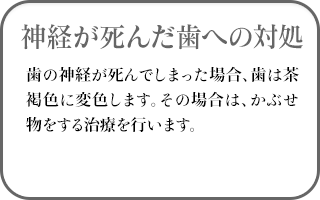 神経が死んだ歯への対処 歯の神経が死んでしまった場合、歯は茶褐色に変色します。その場合は、かぶせ物をする治療を行います。